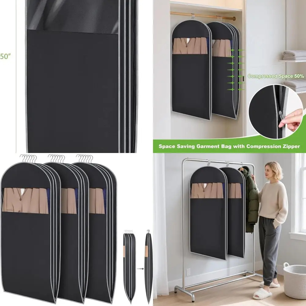 

50-Inch Space-Saving Hanging Clothes Compression Bags with Clear View, 3-Pack for Closet Storage