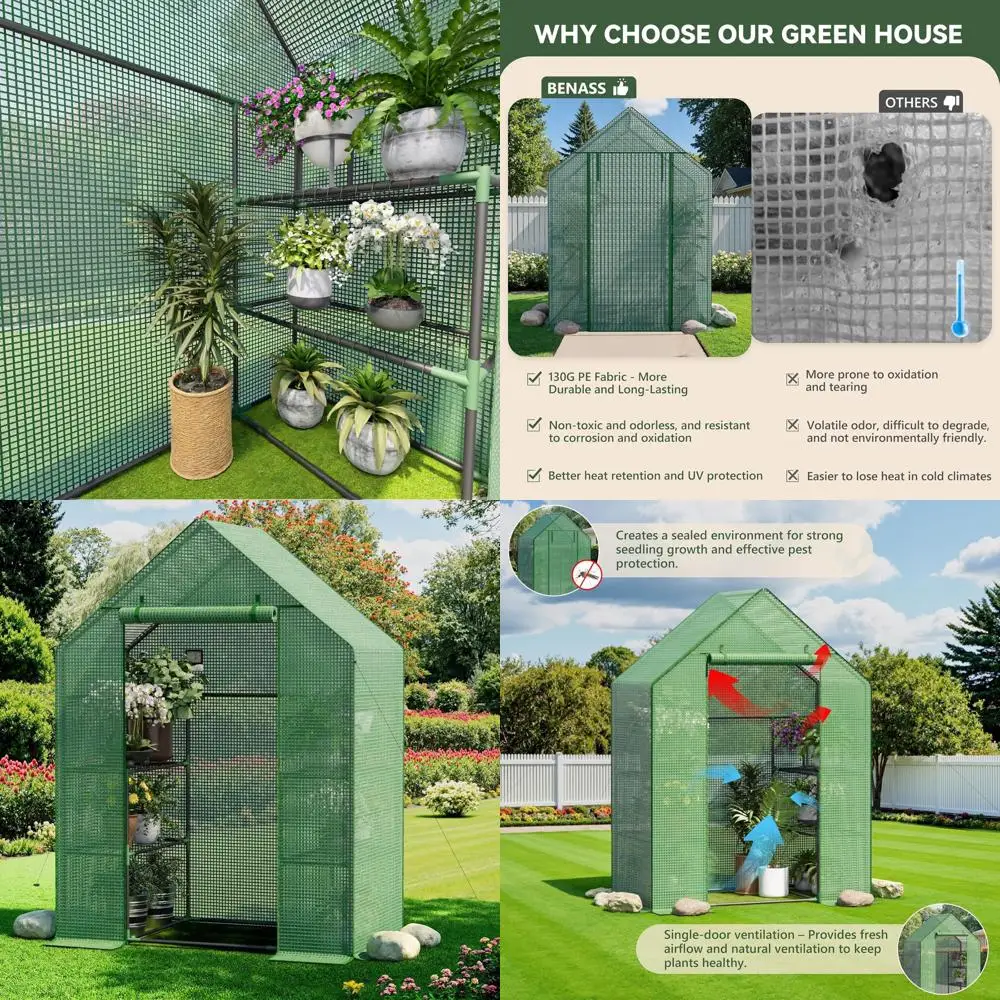 

Компактная уличная теплица с 3-ярусными полками, прочным полиэтиленовым покрытием, идеально подходит для ухода за растениями в саду и на заднем дворе.