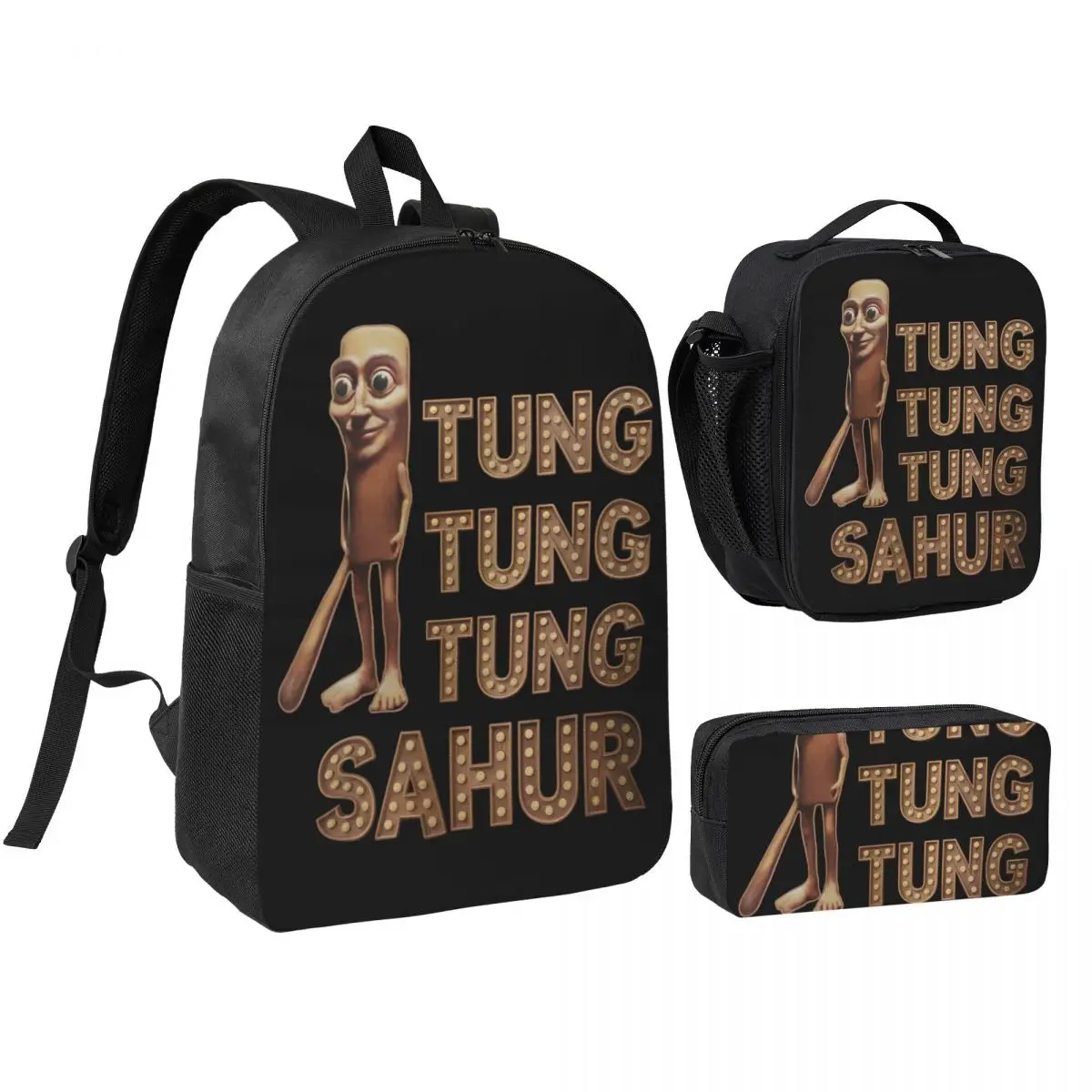 Tung Tung Tung Sahur 3pecs/set Backpack for Student Italian Brainrot Meme Shoulder Bag Lunch bag Pencil Case