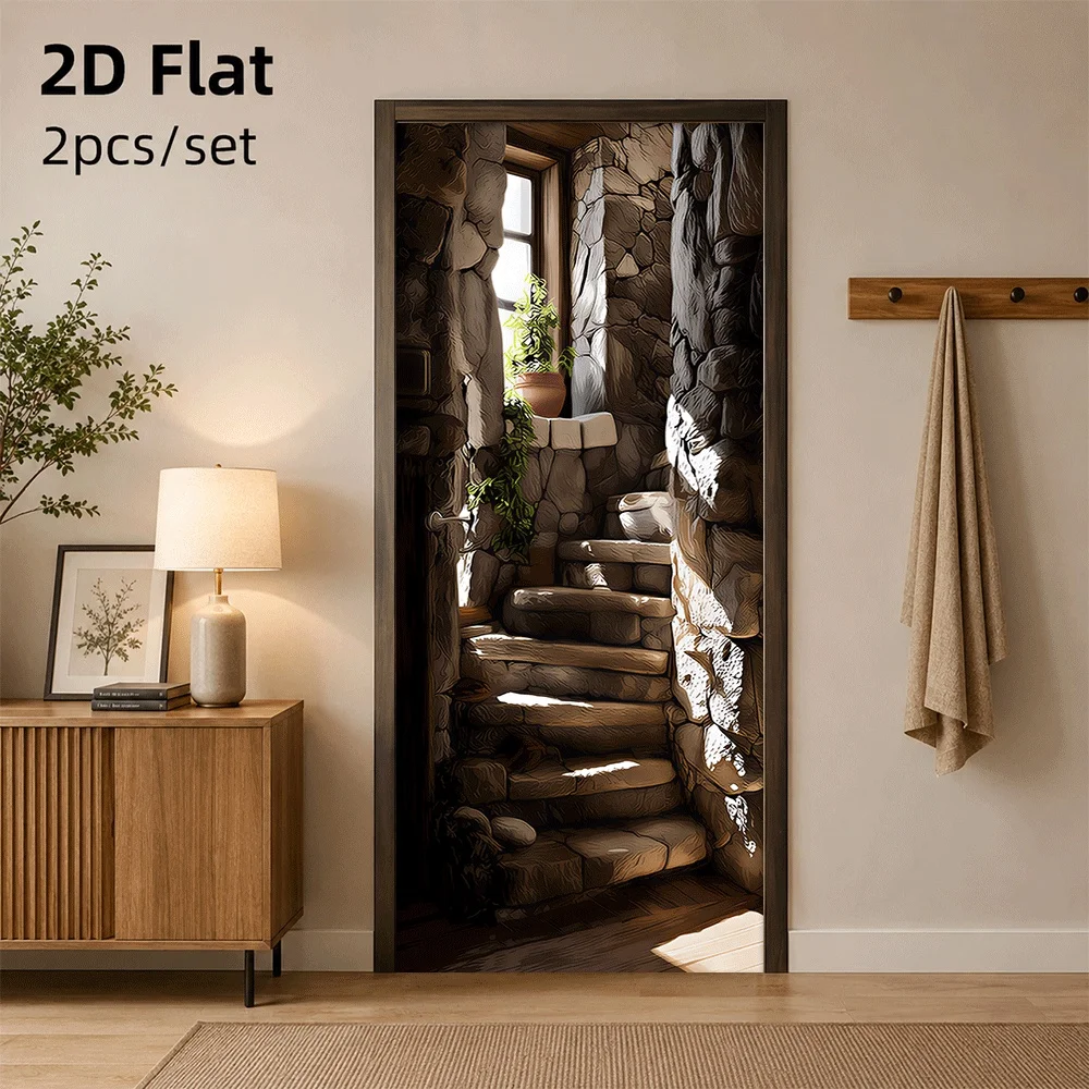 1 piece of retro stone staircase door sticker creates a warm cave style, waterproof self-adhesive material is easy to install, s