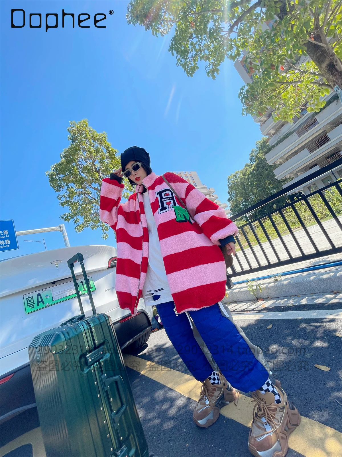 

European Style Loose Casual Lamb Wool Coat for Women Winter Thickened Mid-Length Striped Color-Block Fleece Sweatshirt