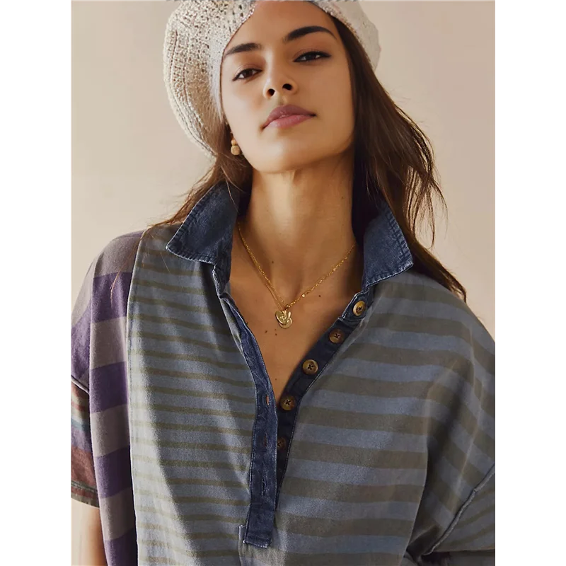 ABP-Donna Babydoll a righe a contrasto Y2k Abito estivo patchwork T-shirt Abito vintage a maniche corte con scollo a V