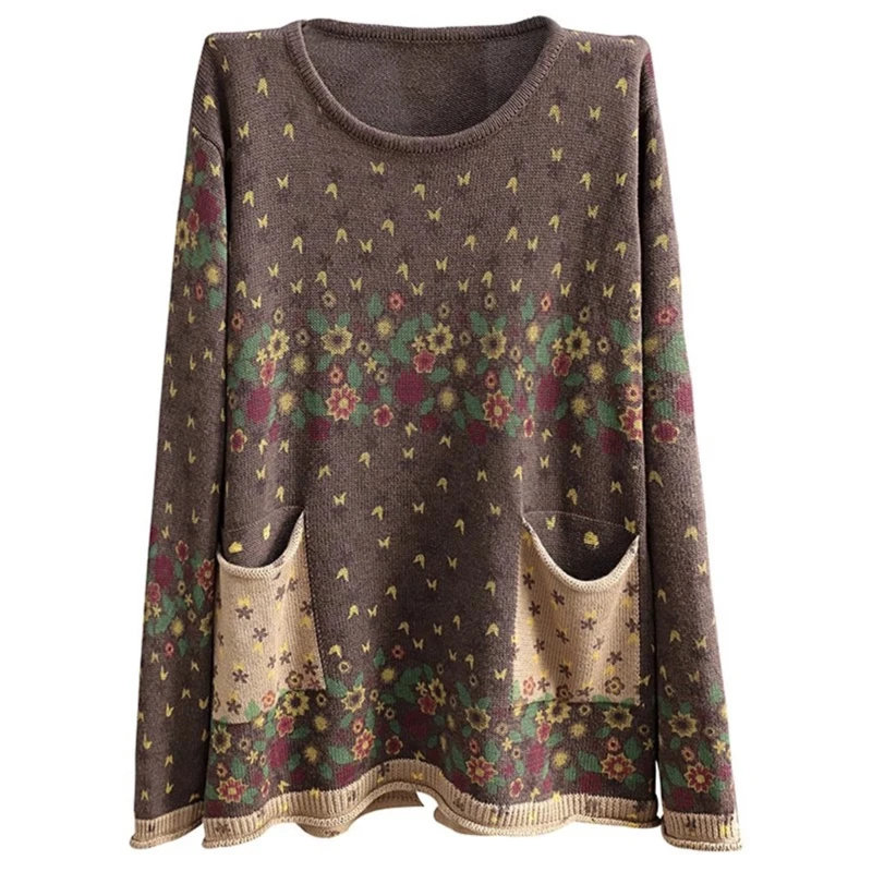 Primavera autunno stile Vintage Patchwork pullover lavorati a maglia stampati floreali Casual allentato girocollo morbido maglione moda per le donne