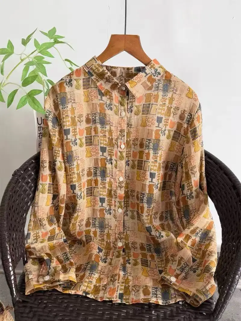 Fall clothes 2026 women Japanese retro cotton linen shirts and blouses ramie long sleeve floral tops linen women\'s clothing