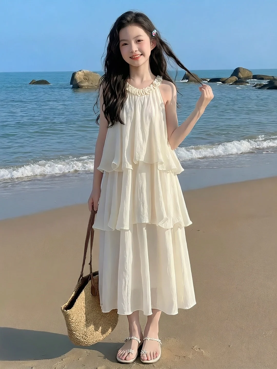 Vestido de Verão para Meninas, Estilo Fada, com Gola de Pétalas, Sem Mangas, Saia em Camadas, para Crianças de Médio e Grande...