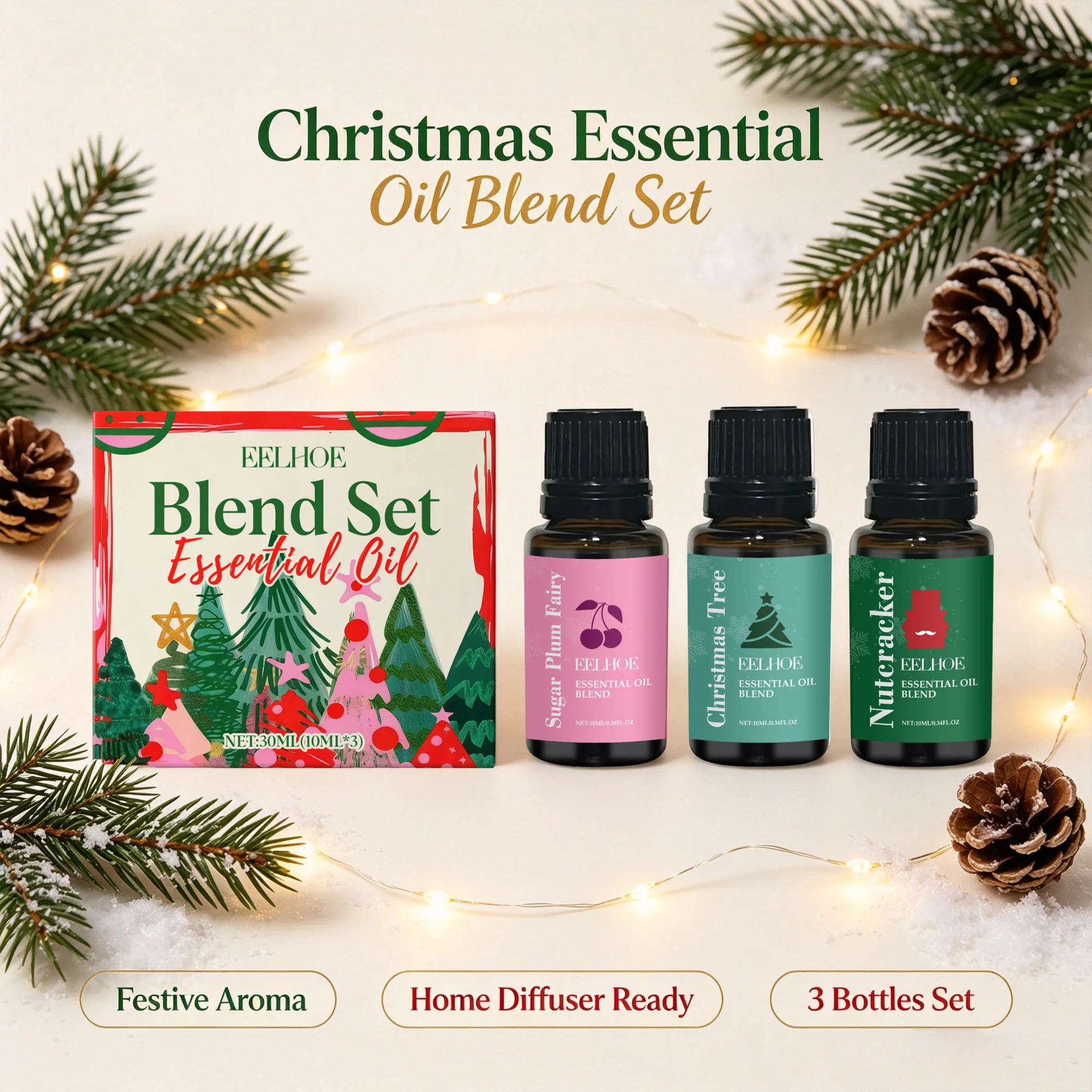 Christmas Fragrance Essential Oil Set 3 Holiday Scents Aromatherapy Oil for Diffuser, Skin Care, Scented Oils Gift Merry Christm