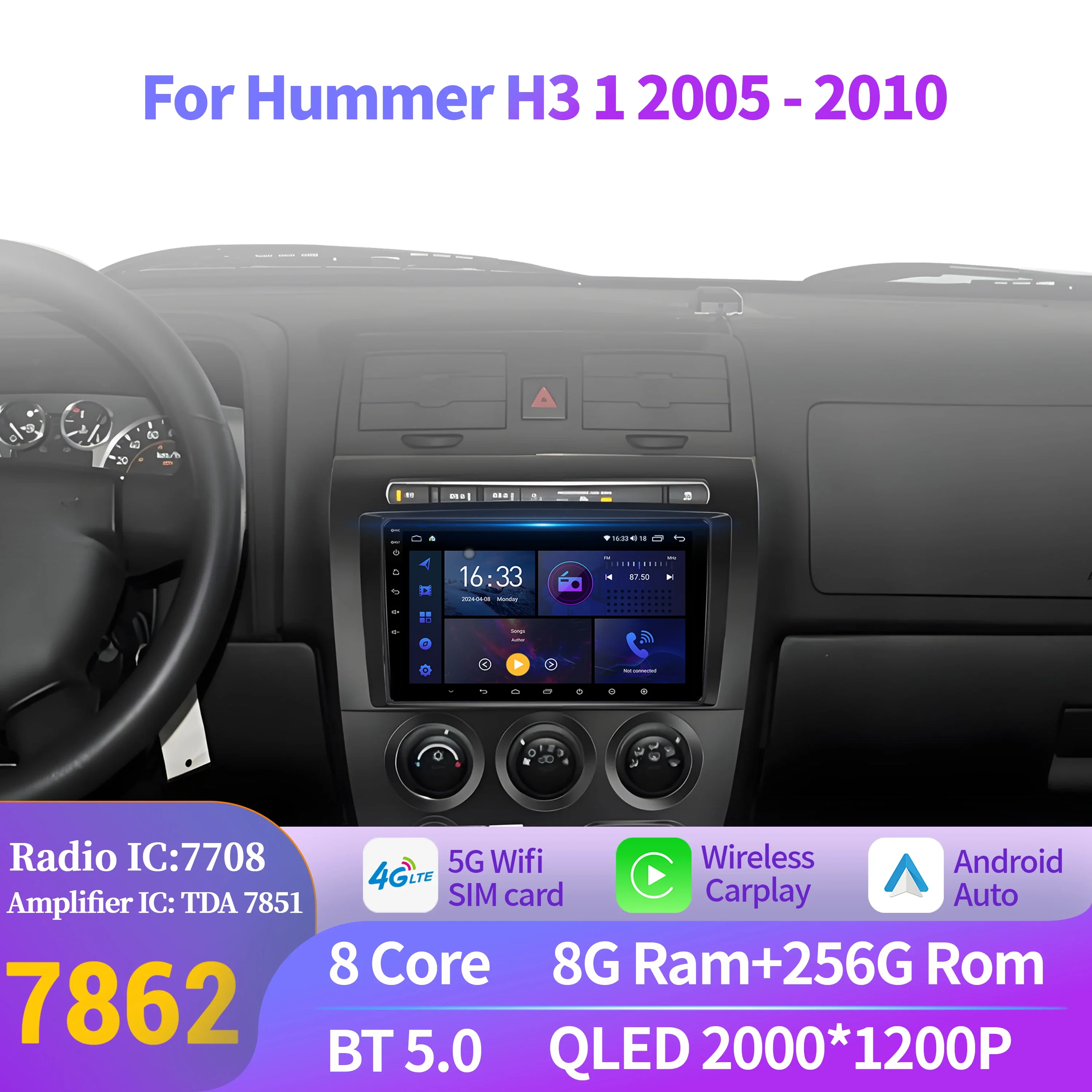 

For Hummer H3 1 2005-2010 Car Player Auto Radio Stereo Head Unit Multimedia Player Navigation audio media car 2K QLED Screen