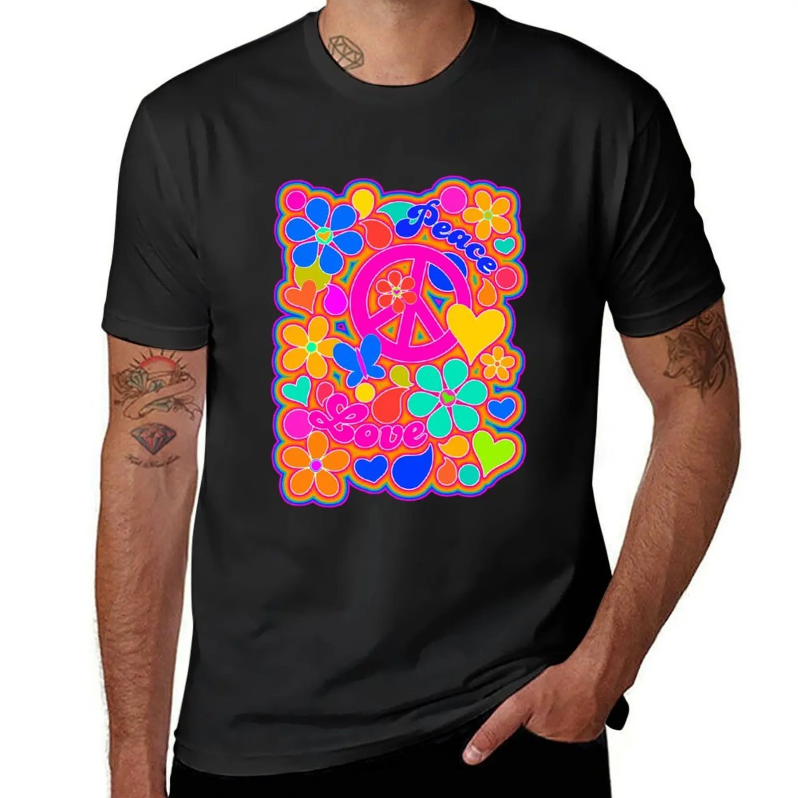 Bright Pop Art Colorful Peace and Love Flower Power Art T-Shirt korean fashion anime clothes tshirts for men