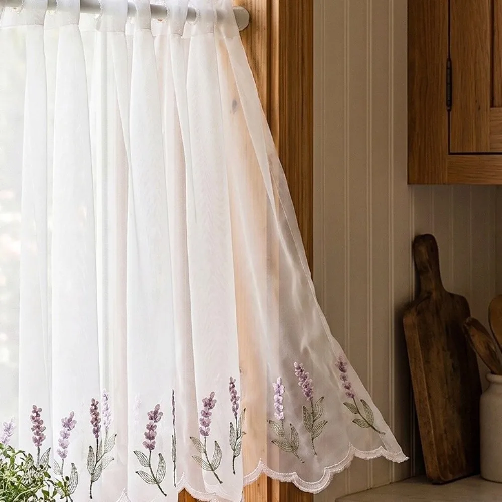 Lavender Pattern Floral Pattern Lace Curtains Dust-Proof Light Blocking Short Curtains Cottage Style Embroidered Floral