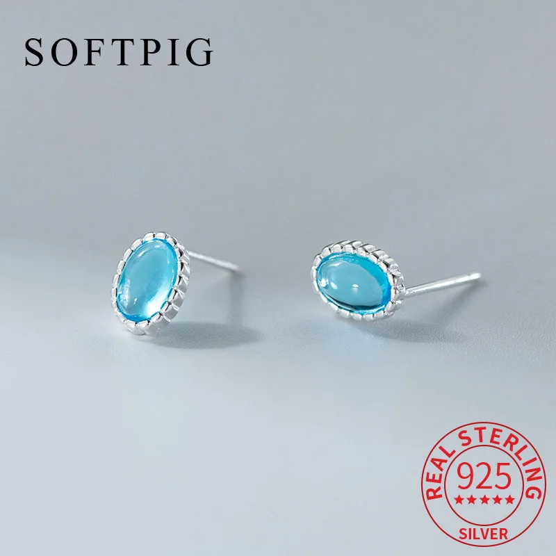 

SOFTPIG Real 925 Sterling Silver Oval Aquamarine Geometric Stud Earrings for Women Classic Fine Jewelry Minimalist Accessories