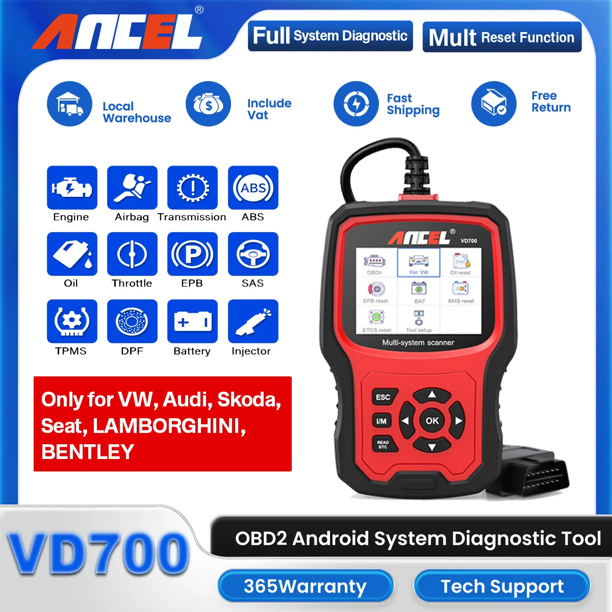 ANCEL VD700 OBD2 Automotive Diagnostic Scanner Tester Full System EPB DPF Oil TPMS BMS Airbag Reset Car OBD for VW Audi Skoda