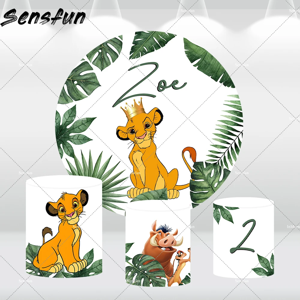 Personalised Lion King Round Backdrop Cover Green Leaves Baby Shower Birthday Banner Simba Circle Background Cylinder Covers