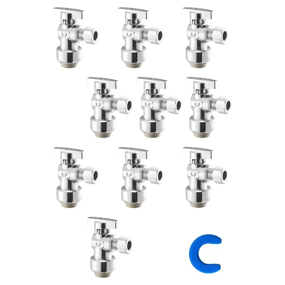 10 Pack Push to Connect Angle Stop Valve 1/2 Inch PTC x 3/8 Inch OD Compression Quarter Turn Plumbing Fittings