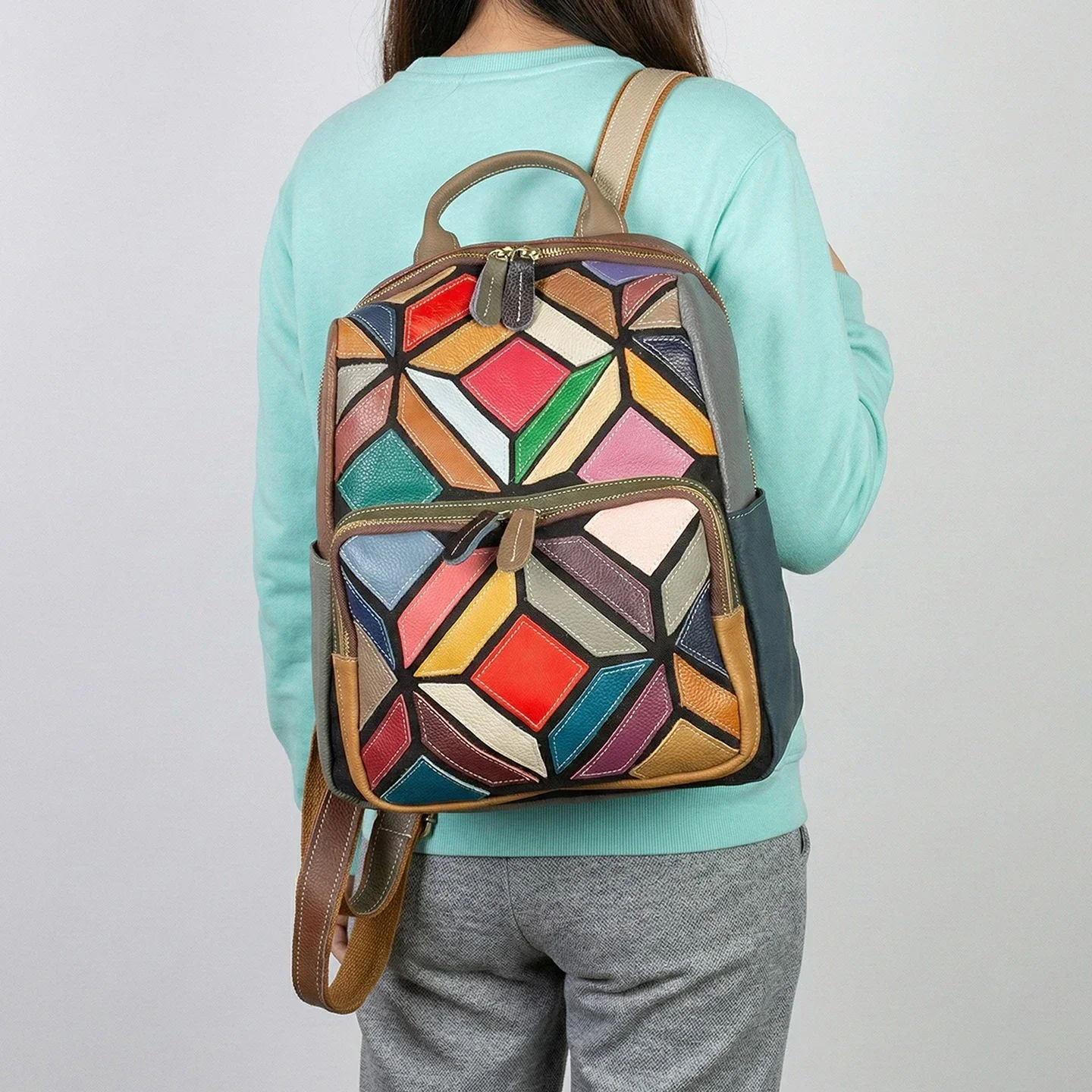 Vintage Genuine Leather Women Backpack Handmade Bag Multicolor Diamond Quilted Casual School Bag Travel Work Ladies Cowhide Bag