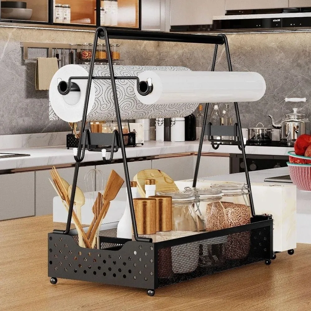 

Carbon Steel BBQ Utensil Basket Space Saving with Paper Towel Seasoning Storage Rack Large Capacity Grill Condiment Basket