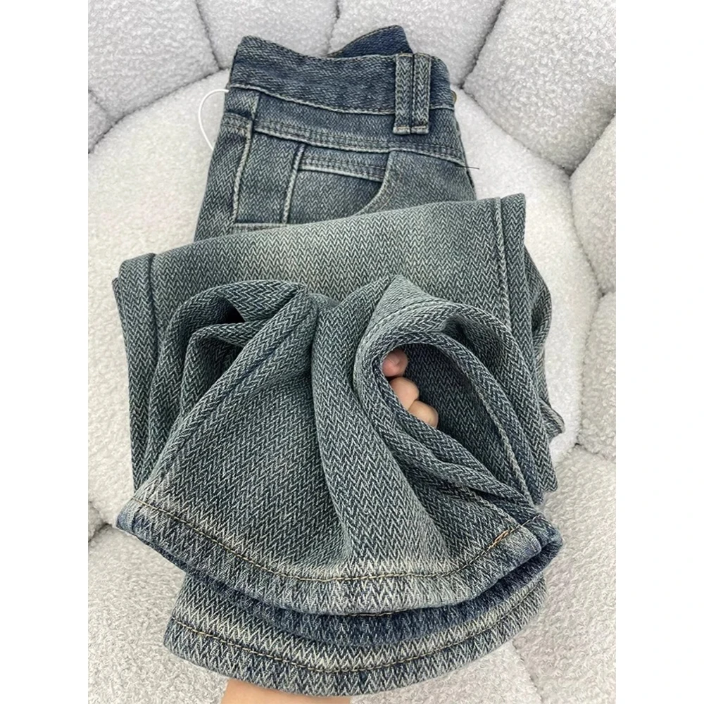 

Retro Denim Long Pants High Waist Striped Warm Fleece Blue Jeans Female Versatile Casual Oversized Soft Straight Denim Trousers