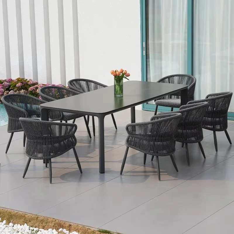 

Luxury Aluminum Outdoor Furniture Set Modern Garden Dining Table and Rope Chairs