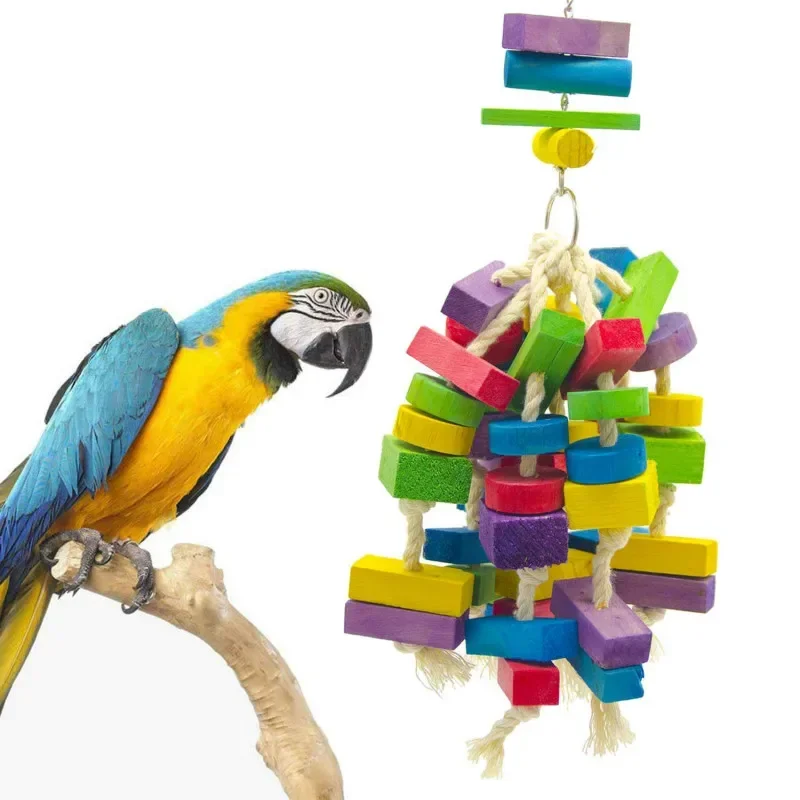 A 1PCS Parrot Toy Pet Bird Chain Cotton Rope Colored Wood Block Bite String