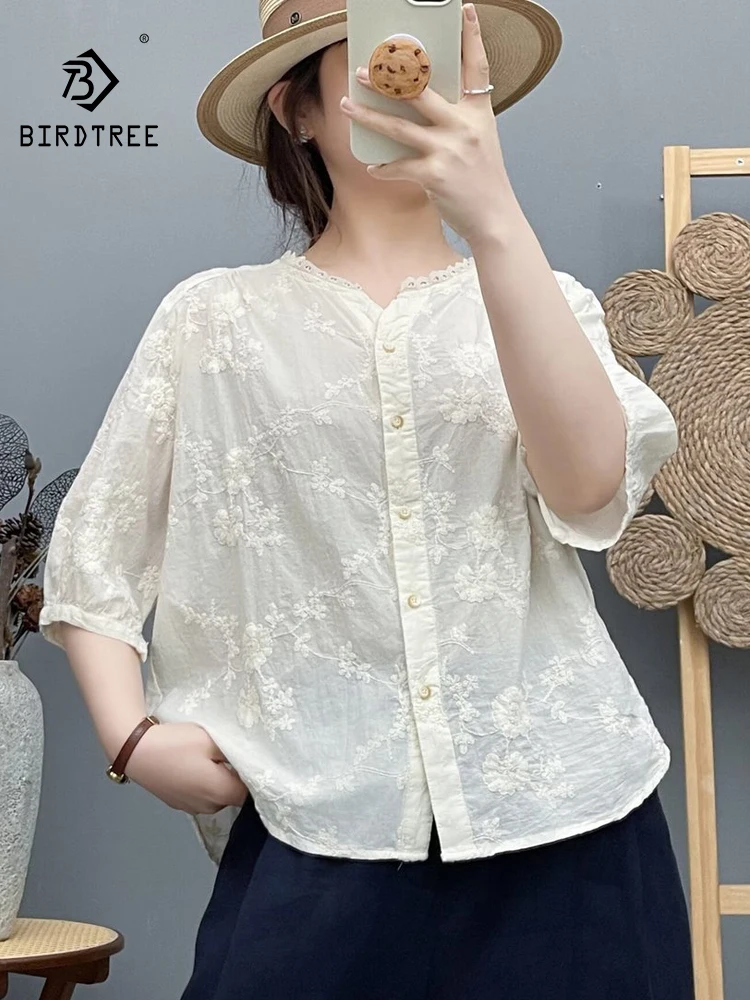 

New 2026 Summer Women Cotton Half Sleeve Shirt, V Neck Embroidery, Mori Girl French Age Reduction Thin Loose Blouse T66493CC