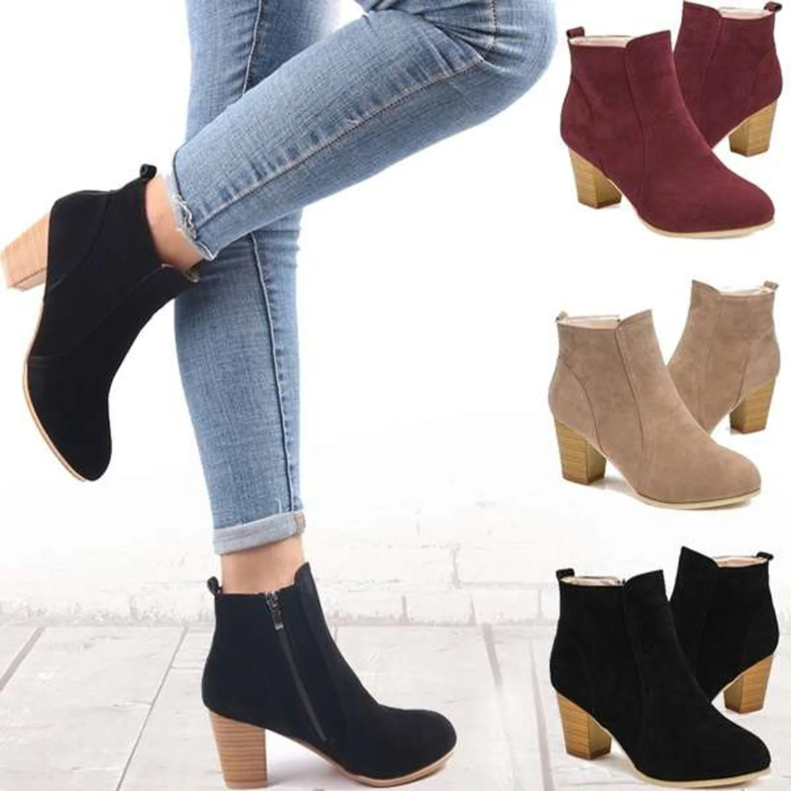 Retro Boots Women\'s Shoes 2023 New Square Heel Woman High Shoe Rubber Ankle Female Solid Platform Short Boots Zapatillas Mujer