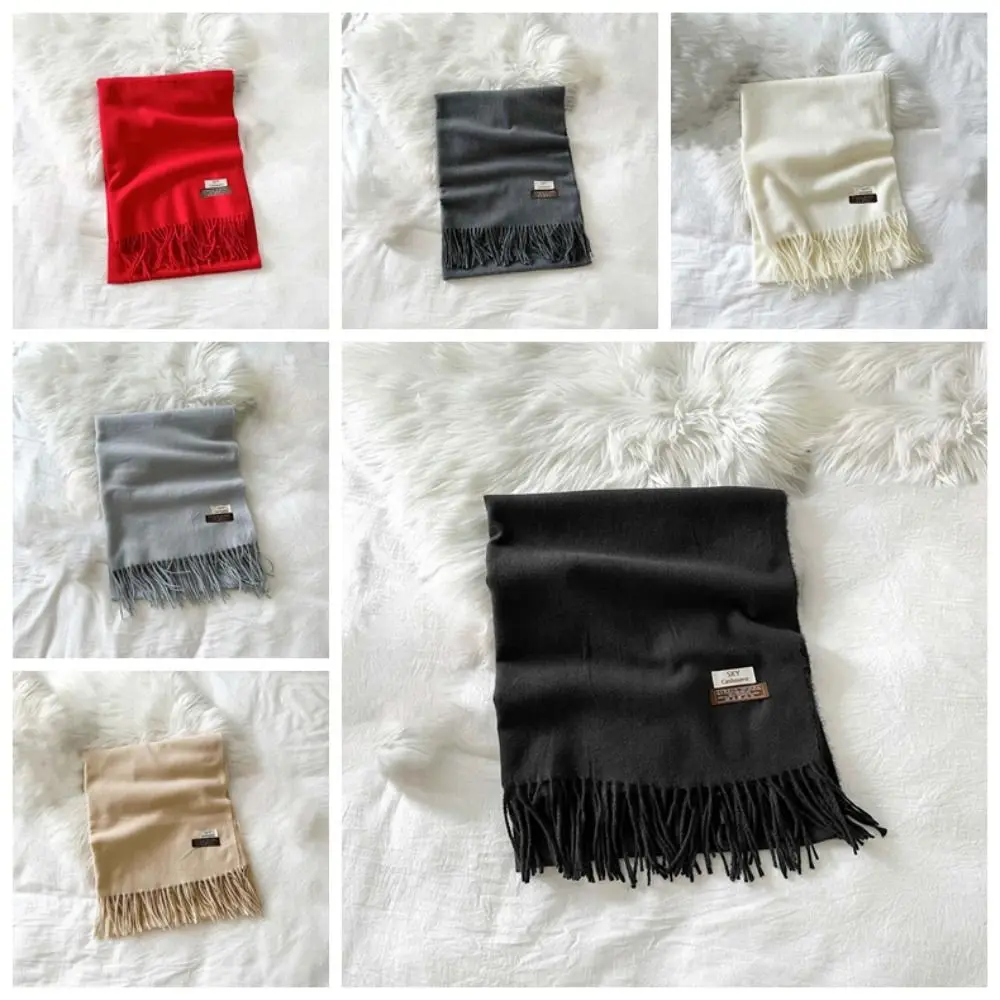 Large Polyester Classic Wool Scarf Soft Windproof Solid Color Shawl Warmer Korean Style Long Neckscarf with Tassel Couple