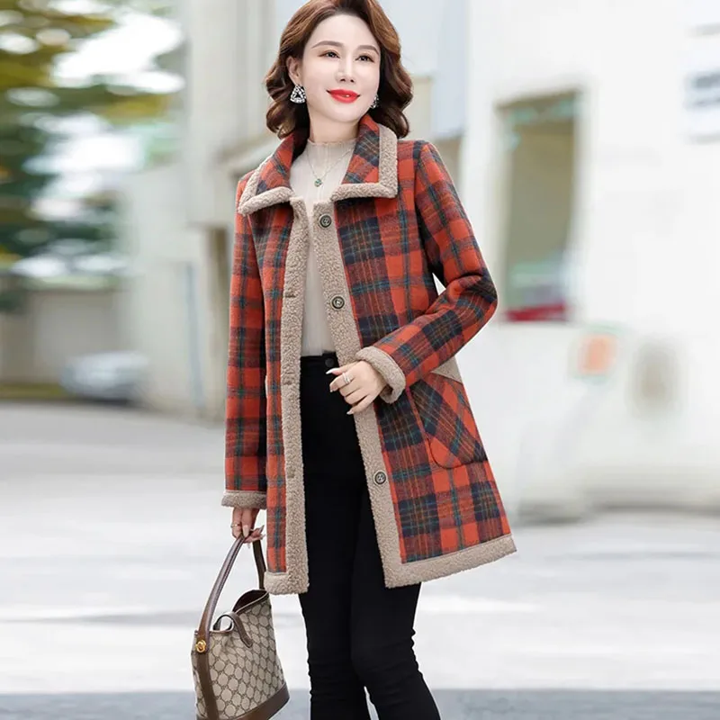 

Long Plus Fleece Granule Woolen Coat for Middle-aged Women, Warm Cotton Jacket, Female Casual Plaid Parker Overcoat, Autumn and