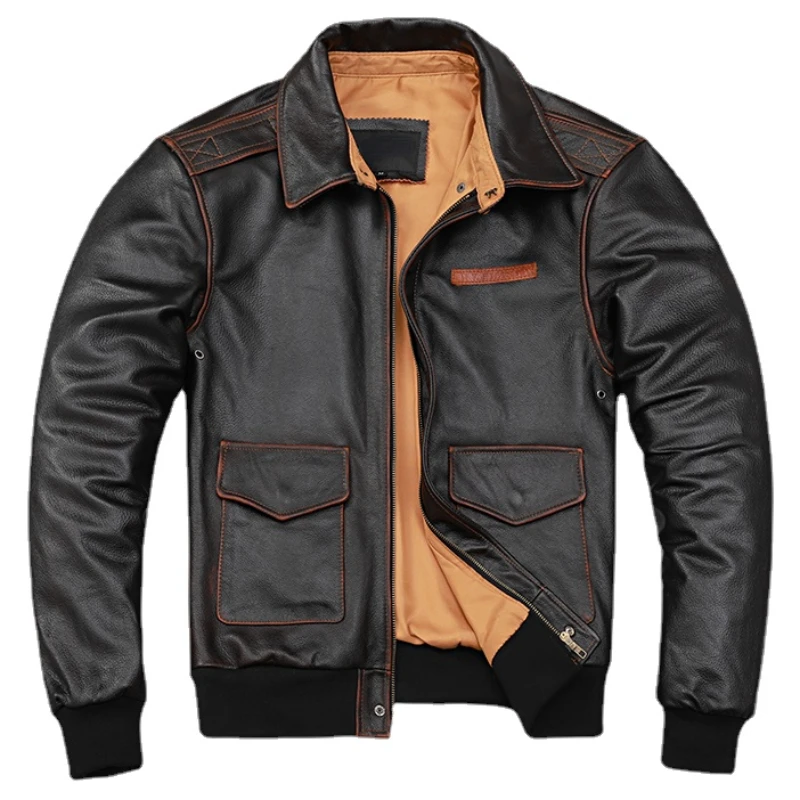 

Men Cow Leather Jacket A2 Flight Jackets Hand Edged Aviator Bomber Coat Men Leather Jacket 항공점퍼가죽 Куртка бомбер Летная куртка