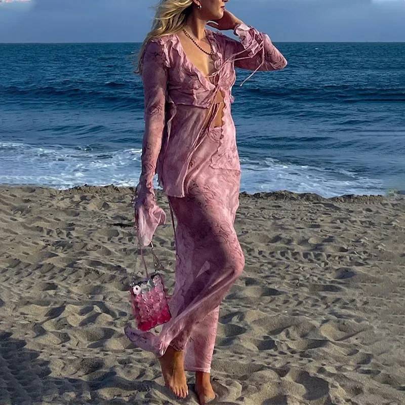 Y2K Fairy Grunge Beach Outfits Graphic Print 2 Piece Set Ruffles Mesh Front Tie Up T Shirts Crop Top + Maxi Skirt Bodycon Women view 2