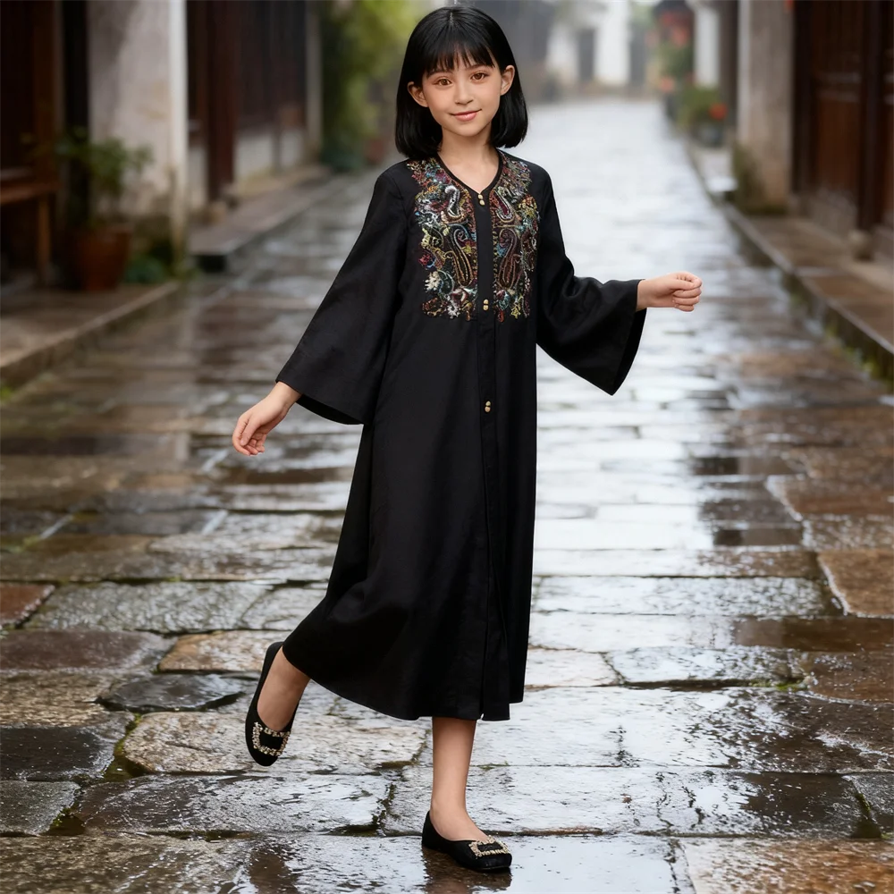 

Детское платье макси с вышивкой для Рамадана для девочек, Дубай, Абая, Турция, кафтан, Ид Джеллаба, арабский халат, детская исламская одежда, кафтан, платье