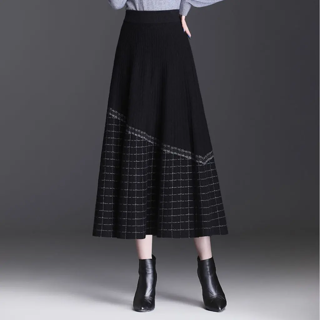 

Women's Knitted Plaid Skirt High Waist Mid-Length A-Line Thickened Slimming Long Swing Skirt for Autumn Winter