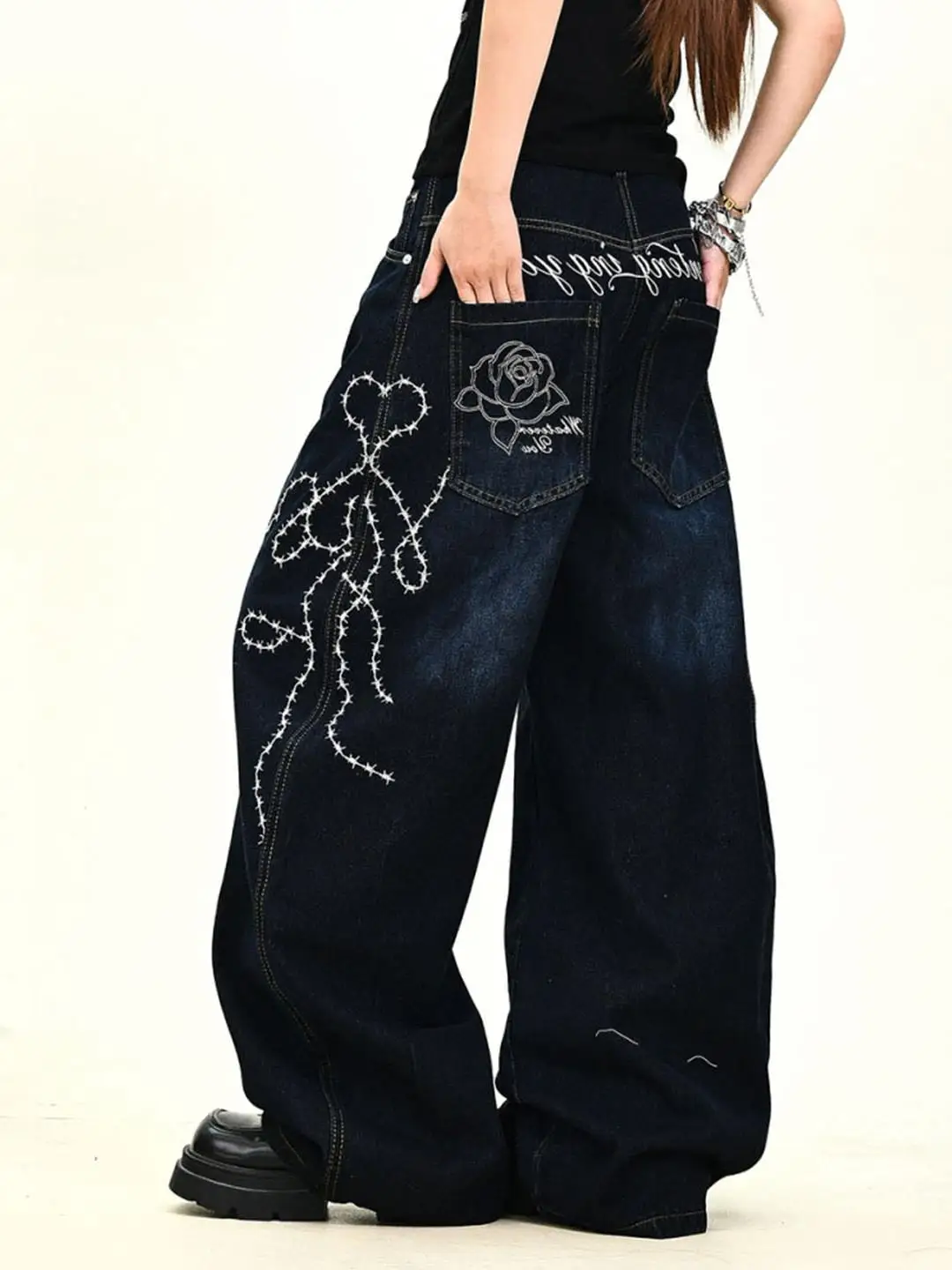 

Retro Waed Rose Embroidery Wide Leg Jeans Loose Casual Knife American Street Sle Trendy Brand Men Women High Street