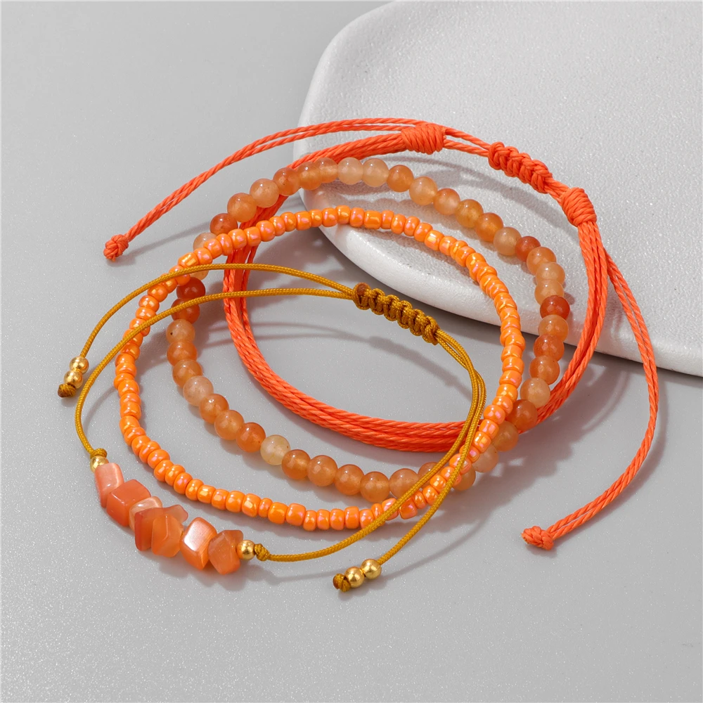 4PCS/Set Orange Aventurine Beads Woven Rope Bracelets Rice Beaded Chip Bracelets Adjustable Braided Bracelets Women Girl Gifts