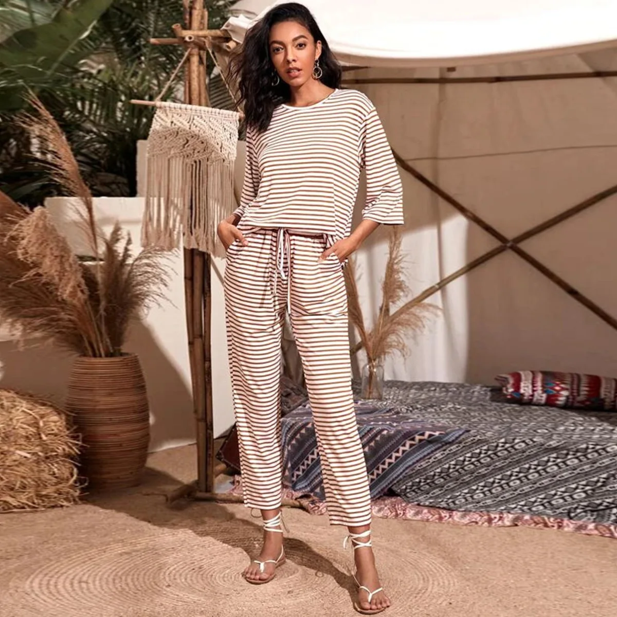 European and American New Instagram Qomen's Casual Home Striped Loose Straight Cropped Pants