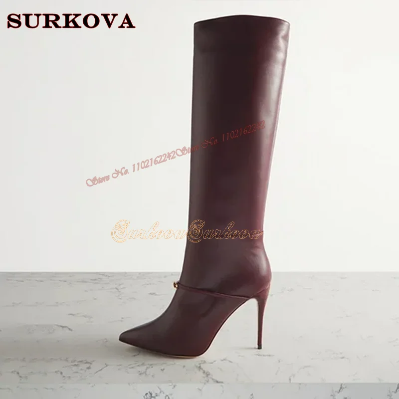 Dark Brown Matte Genuine Leather High Heel Boots Pointed Toe Side Zipper Straight Knee-High Women'S Boots Catwalk Luxury Boots