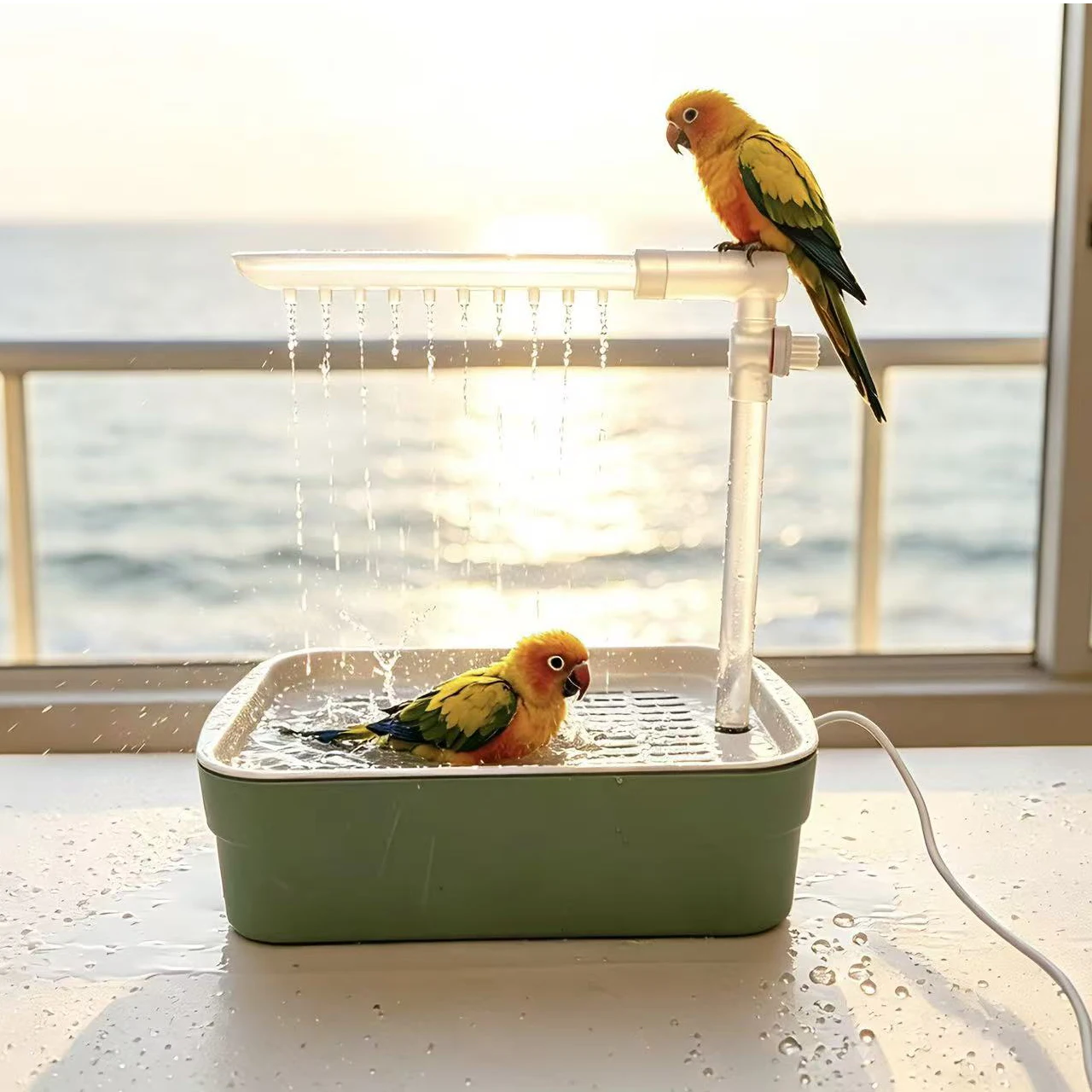 Automatic Bird Bath for Budgies with Pump, USB Rechargeable Parrot Shower Fountain, Adjustable Water Flow Circulation Bathtub, Q