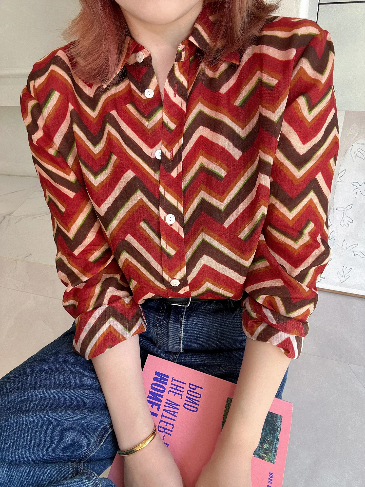 

Французская льняная рубашка свободного кроя для женщин, с длинным рукавом, в полоску, дышащая, текстурированная, свободная, стройнящая, удлиненная