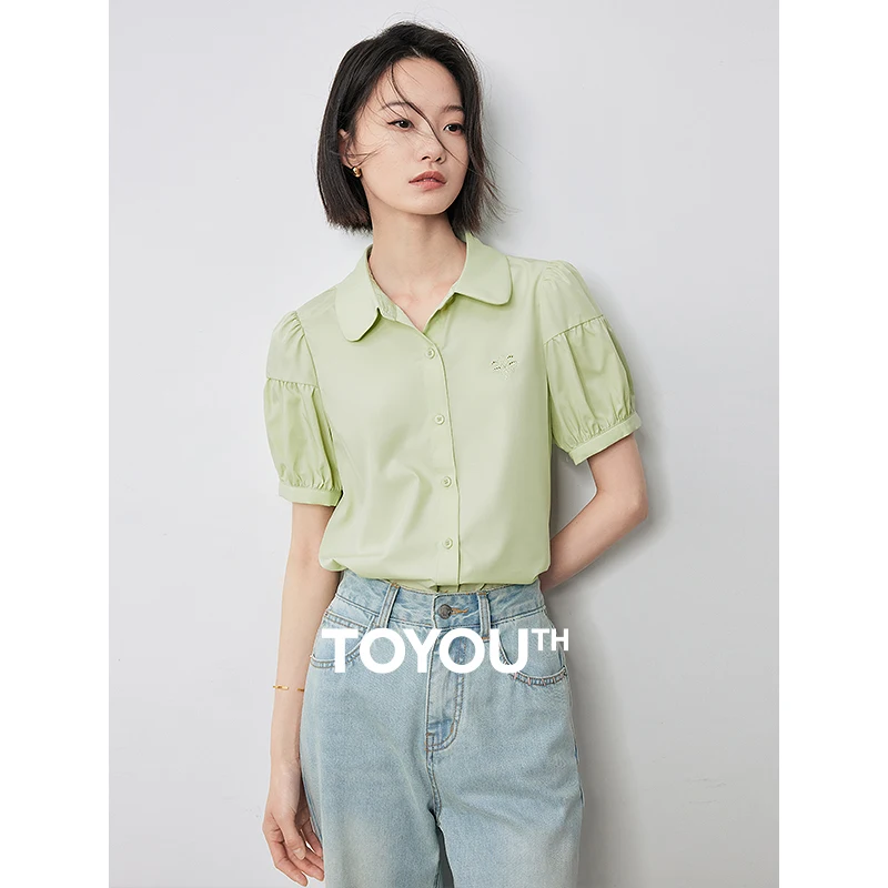 

TOYOUTH Women Lapel Shirt 2024 Summer New Solid Color Versatile Bubble Sleeve Top