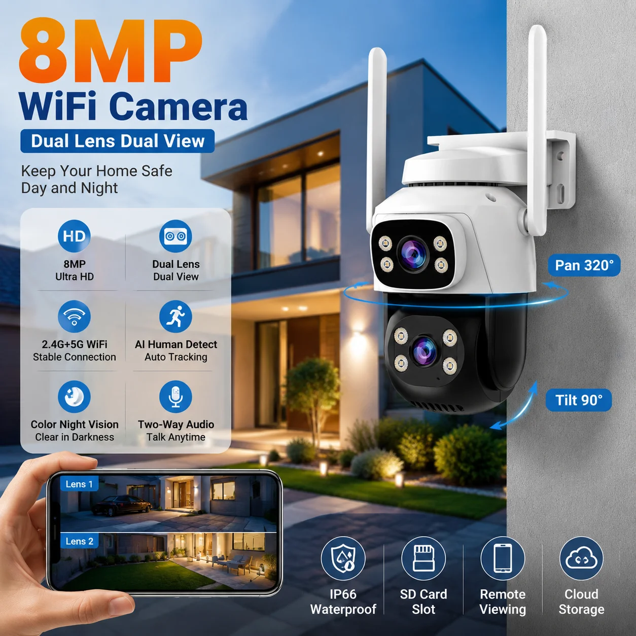 8MP 4K Dual Lens PTZ Security Camera Dual Screen Outdoor WiFi IP Camera AI Auto Tracking Human Detection Two Way Audio CCTV