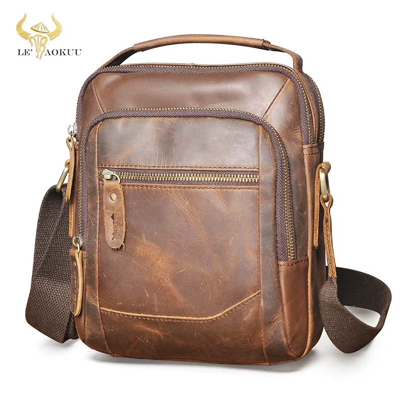 Hot Sale Crazy Horse Leather Design School Shoulder Cross-body bag College Tote Mochila Satchel Messenger bag For Men Male 136