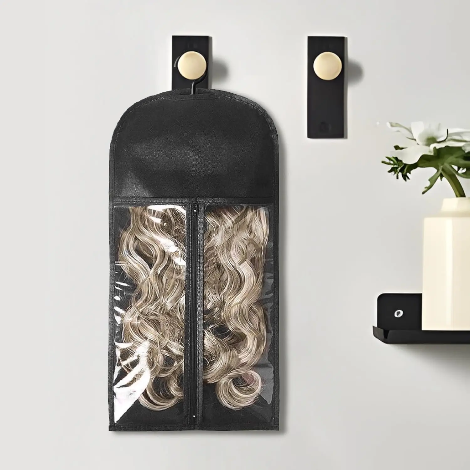 2-Pack Wig Storage Bags with Transparent Window and 2 Hooks - Durable Zippered Hair Extension Holders