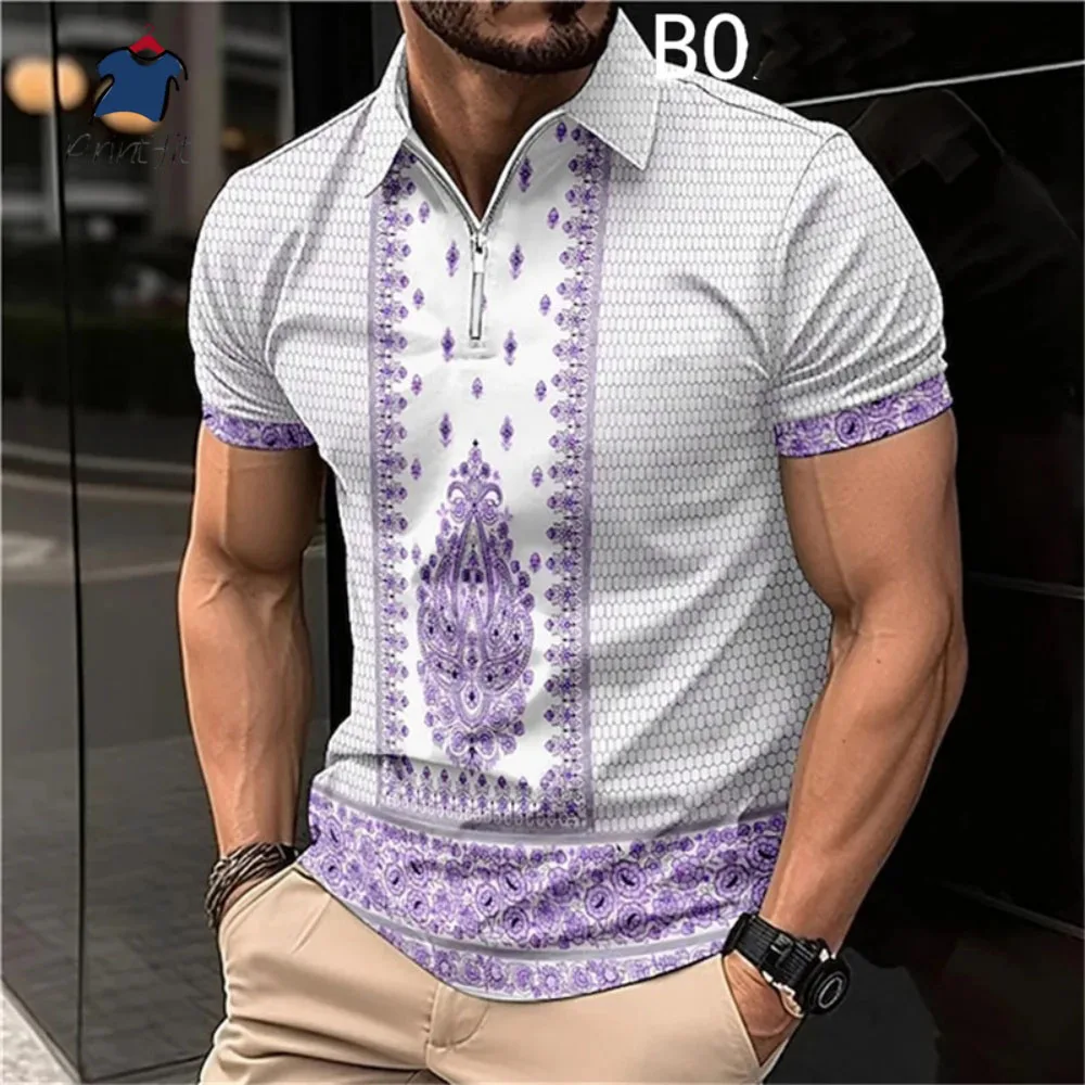

Zipper Polo Man Lapel Shirt Tribal Style Zip Up Men's Shirt Top Oversized Sweatshirt Short Sleeve 3d Graphic Casual Clothing