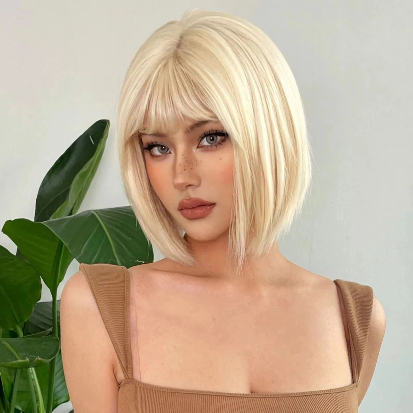 Short Straight Bob Light blonde synthetic wig Ladies straight bangs Hot silk wig Christmas party Cosplay daily wear wig image 5