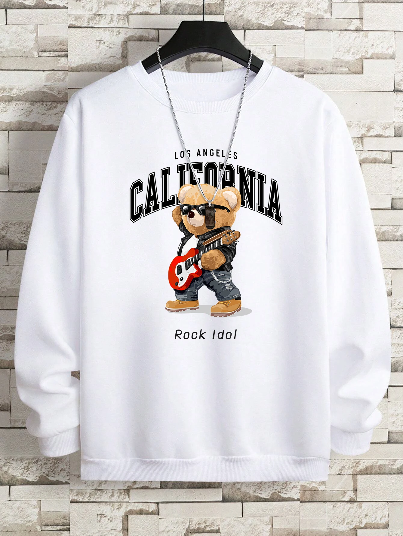 Rook Idol GUITAR Bear Letter Felpa da uomo Hipster in pile Pullover Autunno Girocollo con cappuccio Top larghi casual