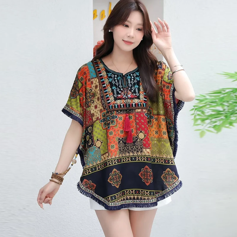 Camicette in cotone Bobo stampato stile etnico Camicie da donna Grembiule Abiti estivi per protezione solare Top casual con nappa ricamata allentata