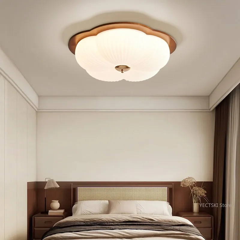 Solid wood walnut colored ceiling light, bedroom light, vintage creative new flower shaped light