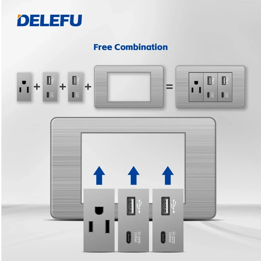 DELEFU Grey Stainless Steel Panel Mexico Standard Type C America Outlet Plug 118*72mm Wall Power Socket Light Switch