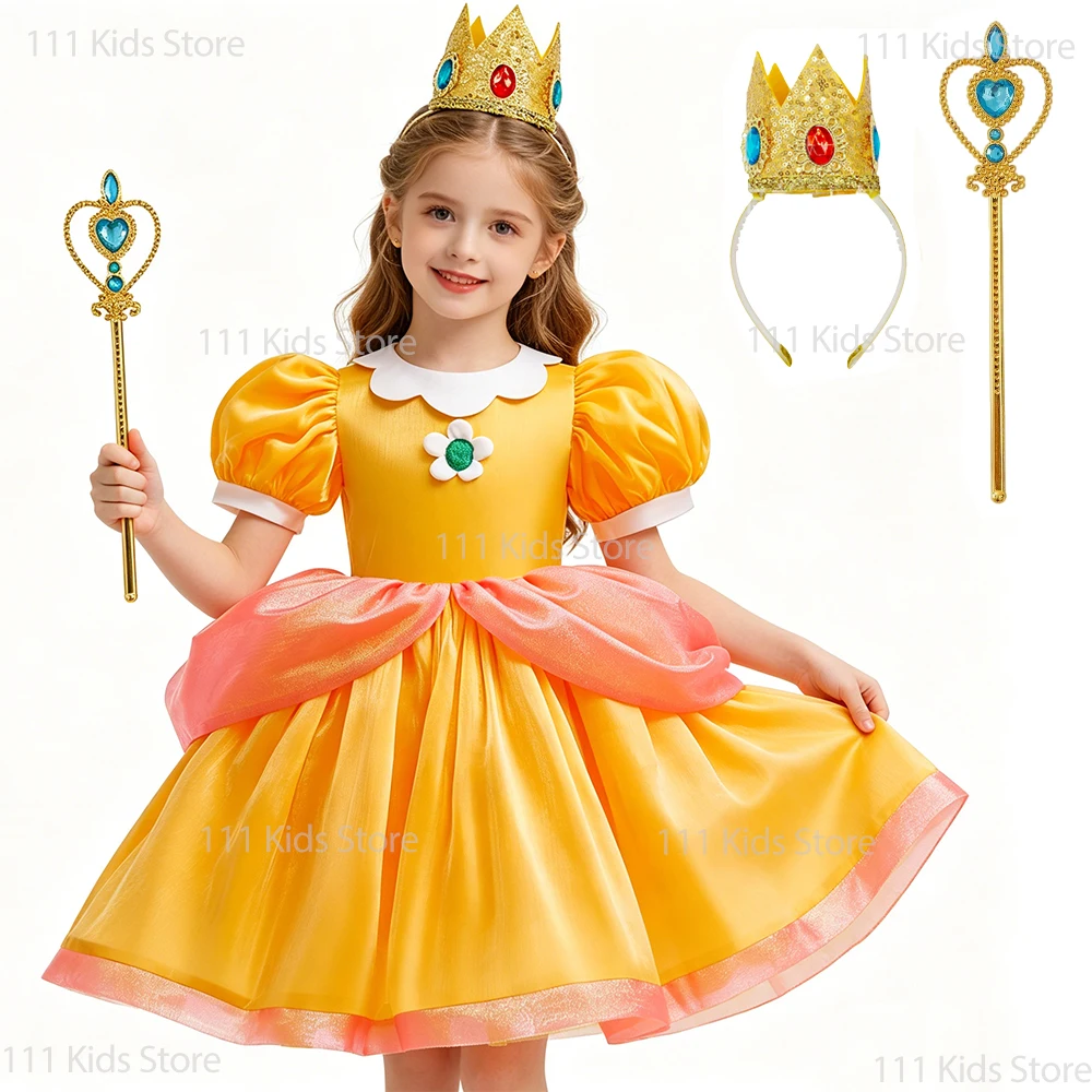 Girls Summer Princess Dress New Movie Superbro Cosplay Performance Princess Daisy Costume with Accessory Children Birthday Gift
