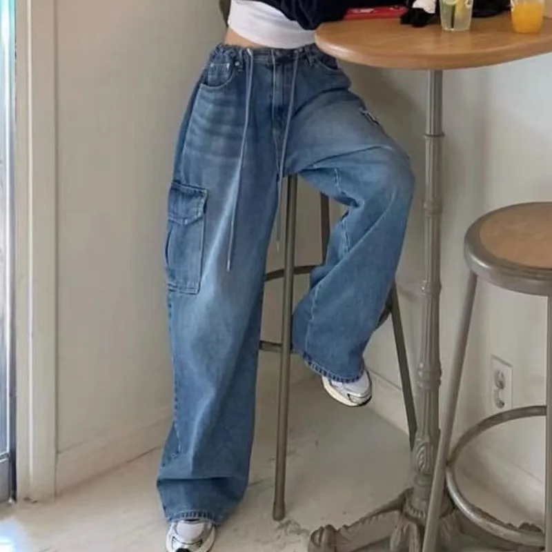 Eeonovni azul denim calças compridas mulheres streetwear cordão design bolsos emendados solto perna larga jeans roupas de moda