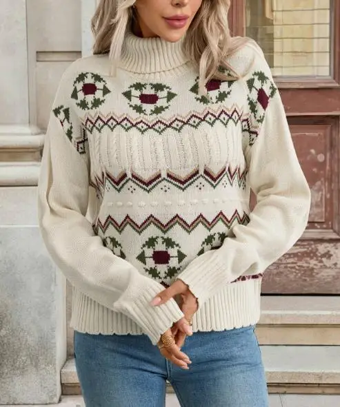 

New Ethnic Style Patterned High Neck Pullover Sweater for Winter 2025, Fresh and Sweet Countryside Style Sweater for Women