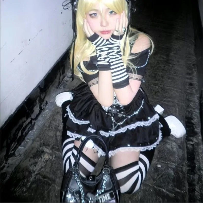 

Cake Skirts Women Harajuku Chic Hip-hop Gothic Lace Patchwork Rivet High Waist All-match Streetwear Casual Ins Summer Popular